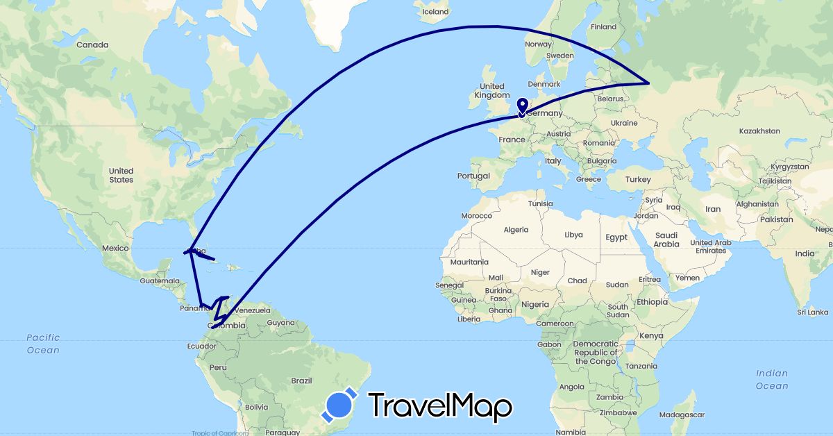 TravelMap itinerary: driving in Belgium, Colombia, Cuba, Panama, Russia (Europe, North America, South America)