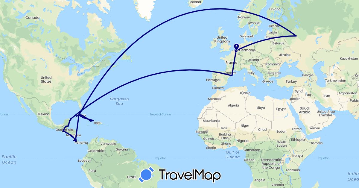 TravelMap itinerary: driving in Belgium, Belize, Costa Rica, Cuba, Spain, Guatemala, Mexico, Nicaragua, Netherlands, Russia (Europe, North America)